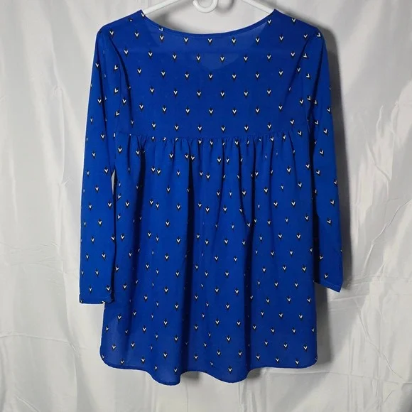 Jack womens babydoll large Blue Geometric Diamond Print Blouse Top  Long Slv - Picture 4 of 8